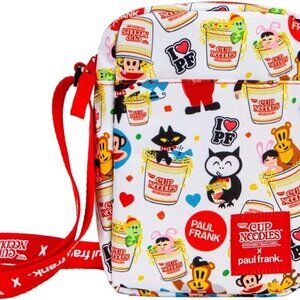 White Crossbody Bag with Cartoon Pattern, Zipper Closure, Shoulder Strap, 2 Comp